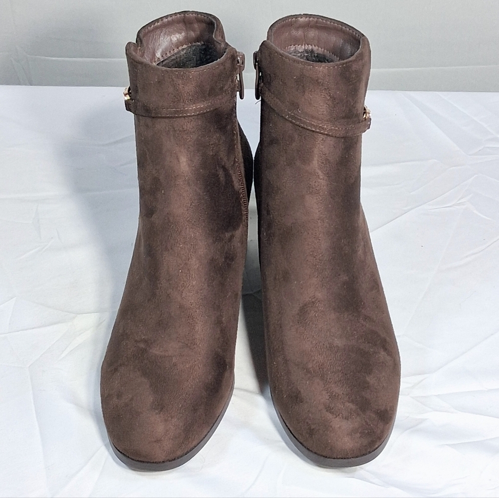 Women's 8.5 Burudani Brown Suede Chunky Heel Zip Ankle Boots/Booties